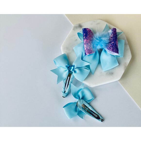 Set Blue Hair Bow and Snap Clip for Girl & Toddler - Picture 7 of 9